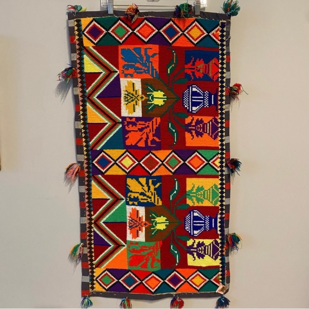 Vintage Turkish Shabby Kilim Woven Rug Tapestry Multicolor Tassels Boho Decor